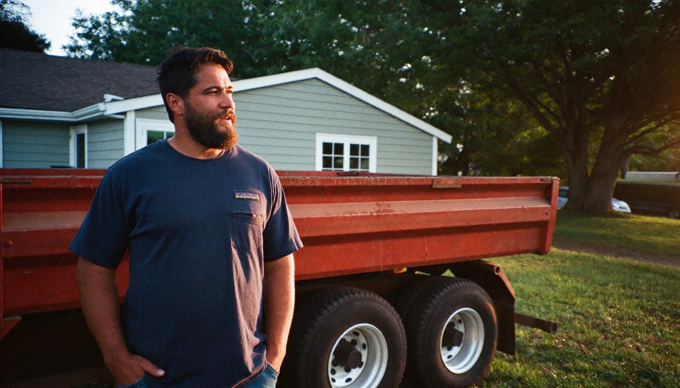 Efren of Speedy Gonzo's Hauling beside his red dump trailer in a Peoria, Illinois driveway at golden hour.
